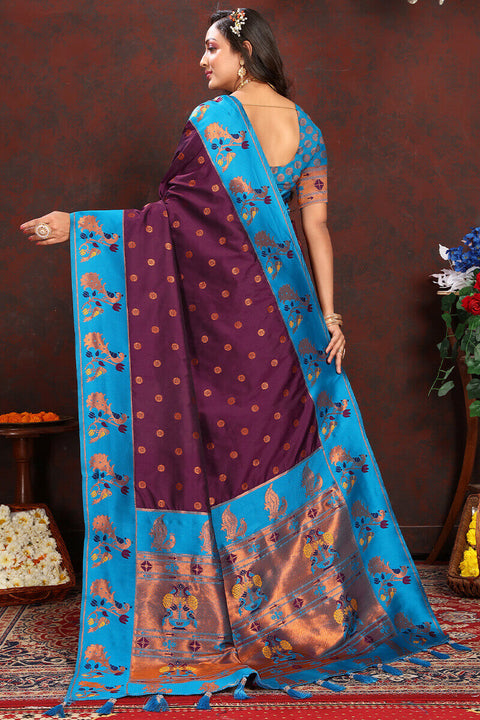 VastraLakshmi Extraordinary Wine Paithani Silk Saree With Gratifying Blouse Piece