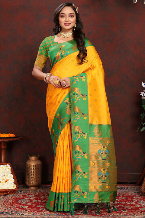 VastraLakshmi Desiring Yellow Paithani Silk Saree With Ravishing Blouse Piece