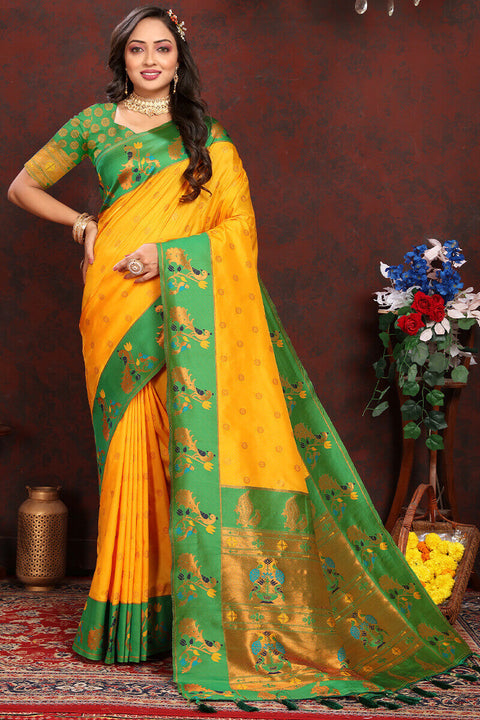 VastraLakshmi Desiring Yellow Paithani Silk Saree With Ravishing Blouse Piece