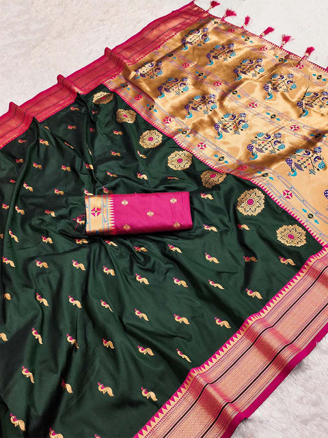 VastraLakshmi Impressive Dark Green Paithani Silk Saree With Adorning Blouse Piece