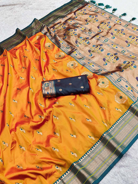 VastraLakshmi Unique Mustard Paithani Silk Saree With Girlish Blouse Piece