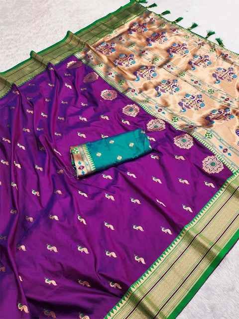 VastraLakshmi Classic Purple Paithani Silk Saree With Traditional Blouse Piece