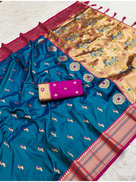 VastraLakshmi Beleaguer Rama Paithani Silk Saree With Conflate Blouse Piece