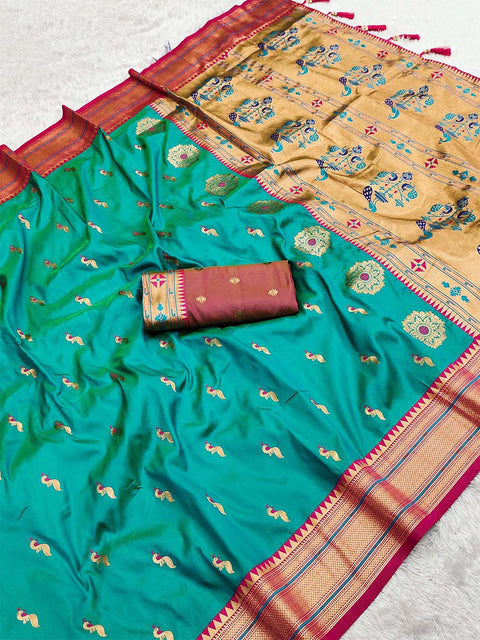 VastraLakshmi Eloquence Sea Green Paithani Silk Saree With Fugacious Blouse Piece