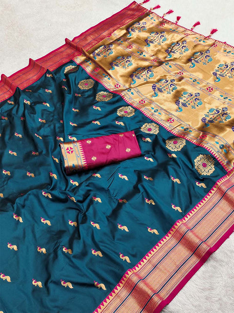 VastraLakshmi Panoply Teal Blue Paithani Silk Saree With Sumptuous Blouse Piece