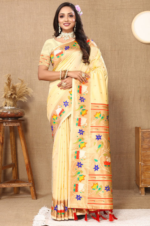 VastraLakshmi Wonderful Beige Paithani Silk Saree With Classy Blouse Piece