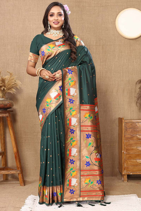 VastraLakshmi Ravishing Dark Green Paithani Silk Saree With Delightful Blouse Piece