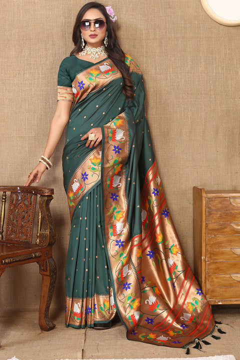 VastraLakshmi Ravishing Dark Green Paithani Silk Saree With Delightful Blouse Piece