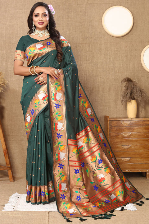 VastraLakshmi Ravishing Dark Green Paithani Silk Saree With Delightful Blouse Piece