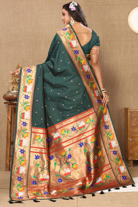 VastraLakshmi Ravishing Dark Green Paithani Silk Saree With Delightful Blouse Piece