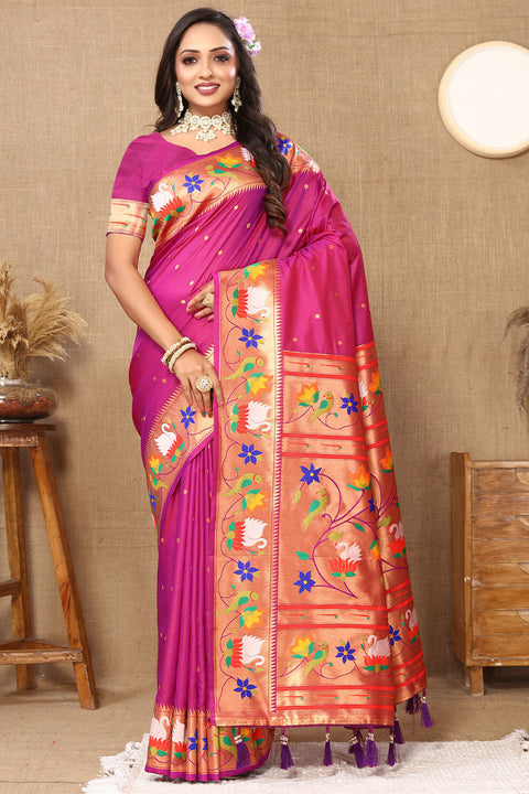 VastraLakshmi Fairytale Dark Pink Paithani Silk Saree With Beauteous Blouse Piece