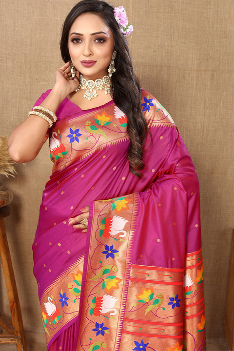 VastraLakshmi Fairytale Dark Pink Paithani Silk Saree With Beauteous Blouse Piece