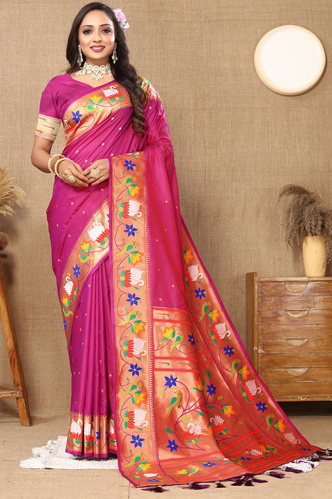 VastraLakshmi Fairytale Dark Pink Paithani Silk Saree With Beauteous Blouse Piece