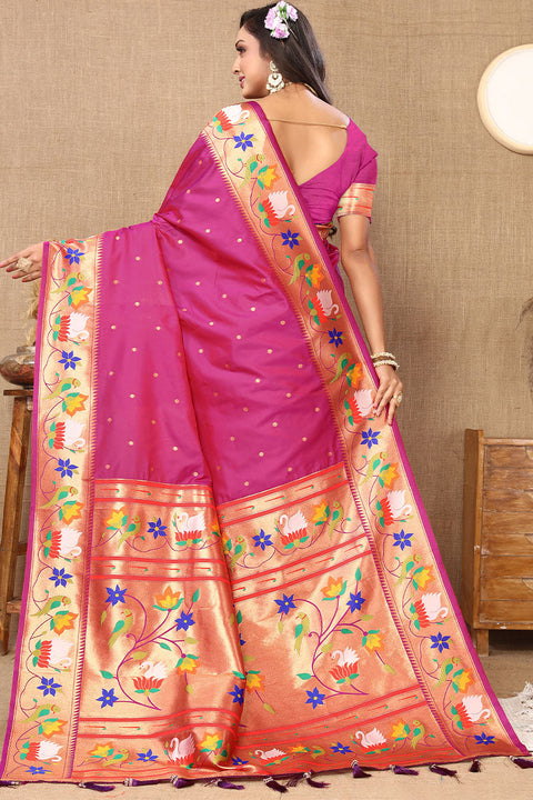 VastraLakshmi Fairytale Dark Pink Paithani Silk Saree With Beauteous Blouse Piece