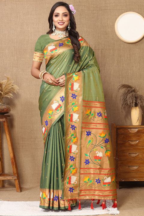 VastraLakshmi Redolent Mehndi Paithani Silk Saree With Sumptuous Blouse Piece