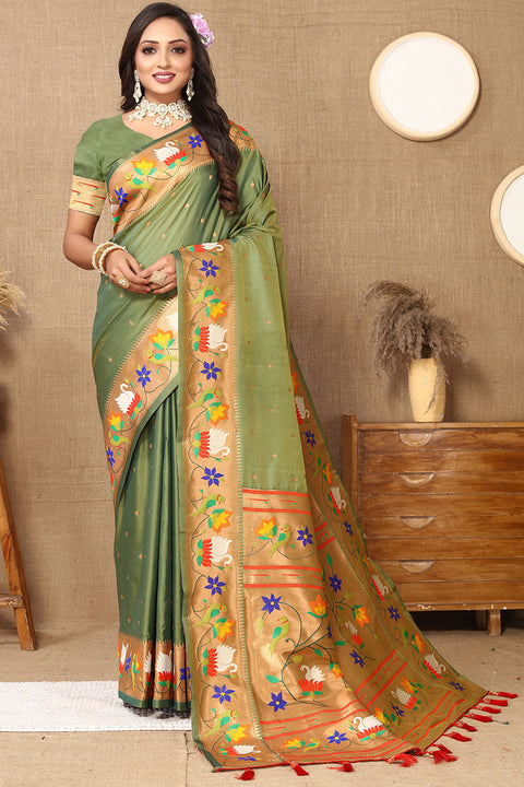 VastraLakshmi Redolent Mehndi Paithani Silk Saree With Sumptuous Blouse Piece