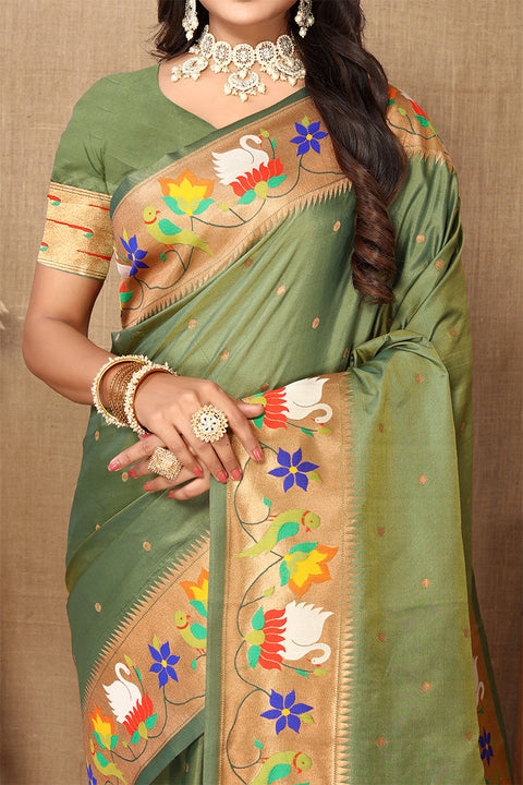 VastraLakshmi Redolent Mehndi Paithani Silk Saree With Sumptuous Blouse Piece