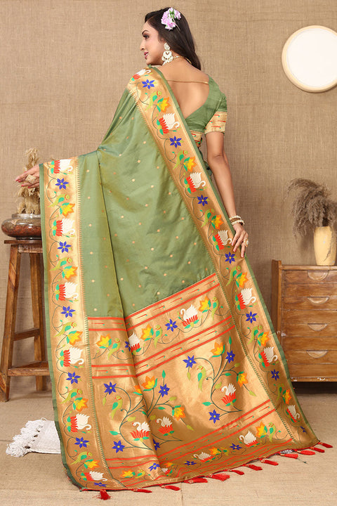 VastraLakshmi Redolent Mehndi Paithani Silk Saree With Sumptuous Blouse Piece