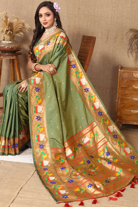 VastraLakshmi Redolent Mehndi Paithani Silk Saree With Sumptuous Blouse Piece