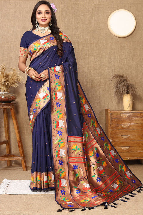 VastraLakshmi Devastating Navy Blue Paithani Silk Saree With Splendiferous Blouse Piece