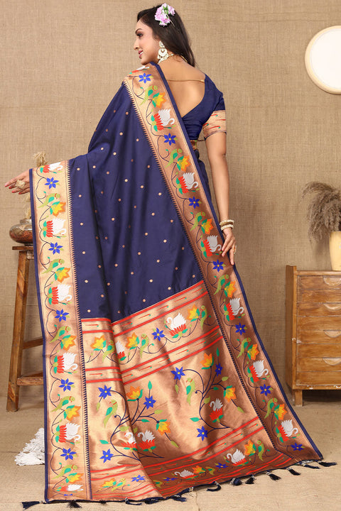 VastraLakshmi Devastating Navy Blue Paithani Silk Saree With Splendiferous Blouse Piece