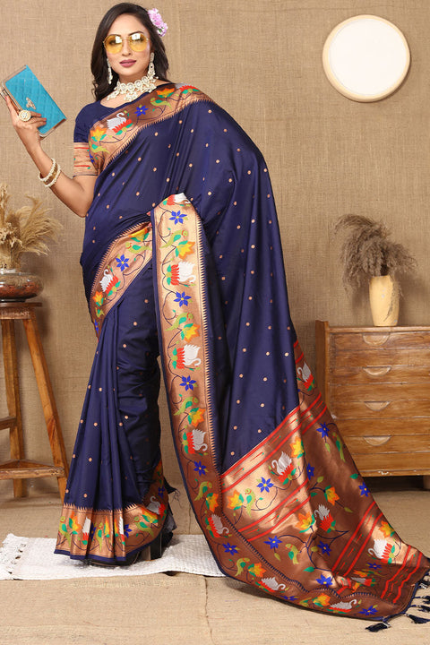 VastraLakshmi Devastating Navy Blue Paithani Silk Saree With Splendiferous Blouse Piece