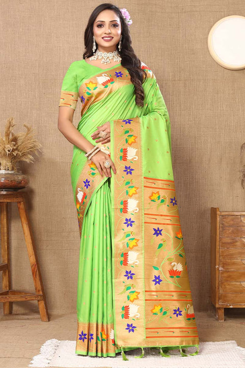 VastraLakshmi Scrumptious Parrot Paithani Silk Saree With Snappy Blouse Piece