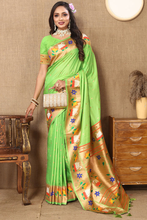 VastraLakshmi Scrumptious Parrot Paithani Silk Saree With Snappy Blouse Piece