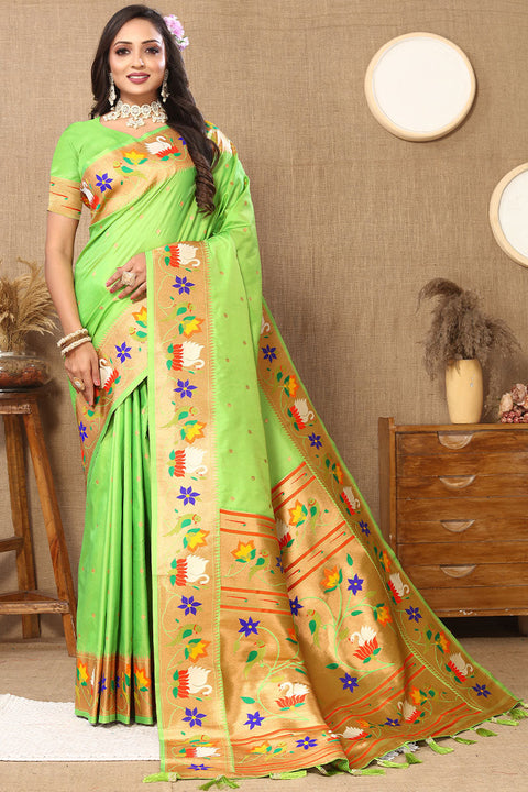 VastraLakshmi Scrumptious Parrot Paithani Silk Saree With Snappy Blouse Piece