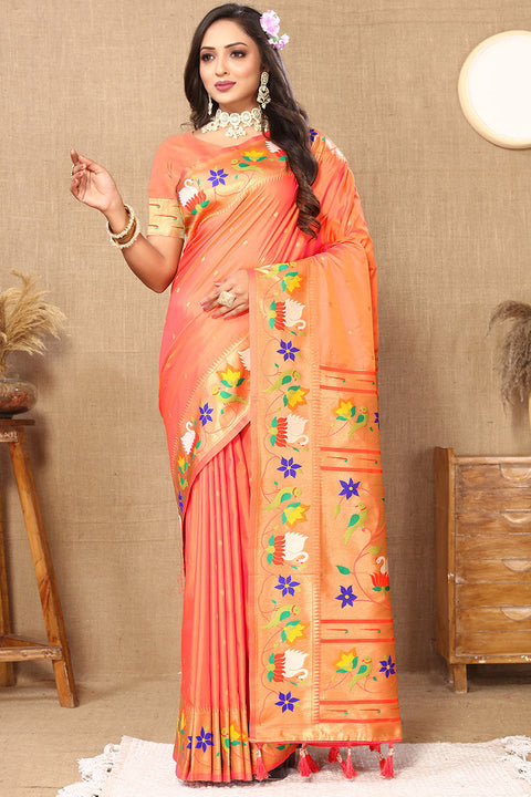 VastraLakshmi Transcendent Peach Paithani Silk Saree With Vivacious Blouse Piece