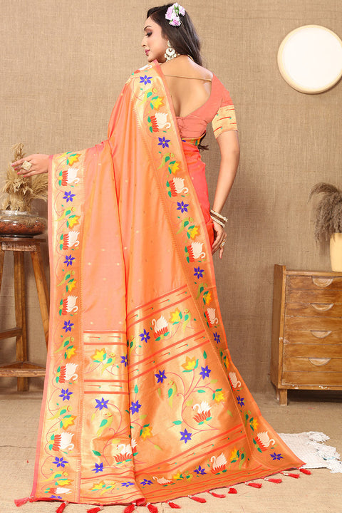 VastraLakshmi Transcendent Peach Paithani Silk Saree With Vivacious Blouse Piece