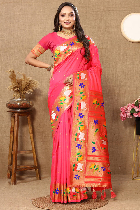 VastraLakshmi Winsome Pink Paithani Silk Saree With Piquant Blouse Piece