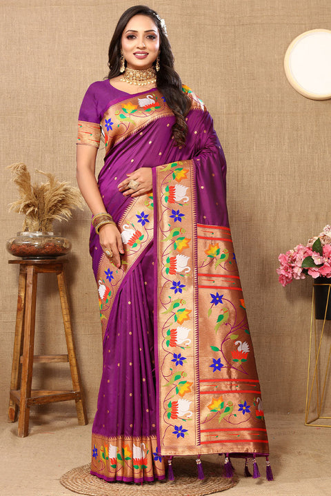 VastraLakshmi Resonant Purple Paithani Silk Saree With Posh Blouse Piece