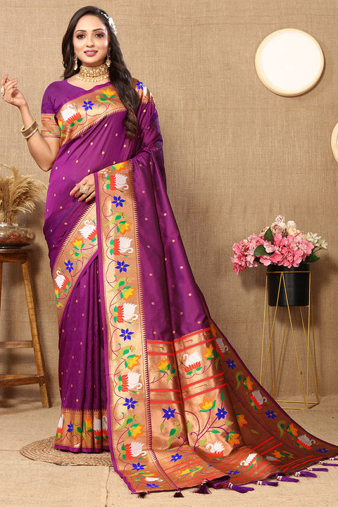 VastraLakshmi Resonant Purple Paithani Silk Saree With Posh Blouse Piece