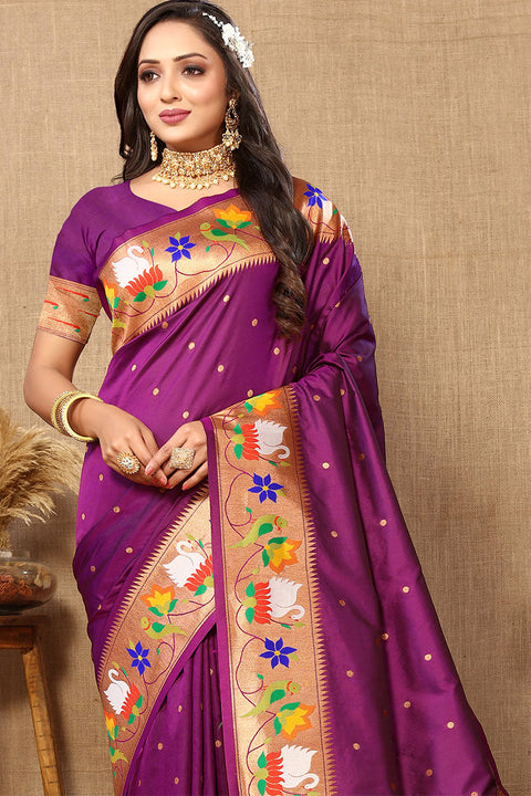 VastraLakshmi Resonant Purple Paithani Silk Saree With Posh Blouse Piece