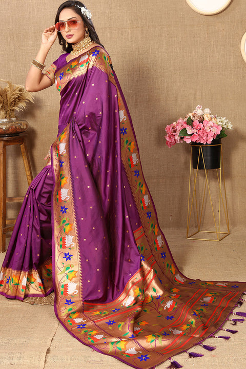 VastraLakshmi Resonant Purple Paithani Silk Saree With Posh Blouse Piece