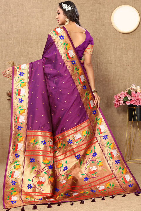 VastraLakshmi Resonant Purple Paithani Silk Saree With Posh Blouse Piece