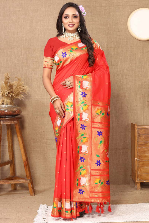 VastraLakshmi Beguiling Red Paithani Silk Saree With Embellished Blouse Piece