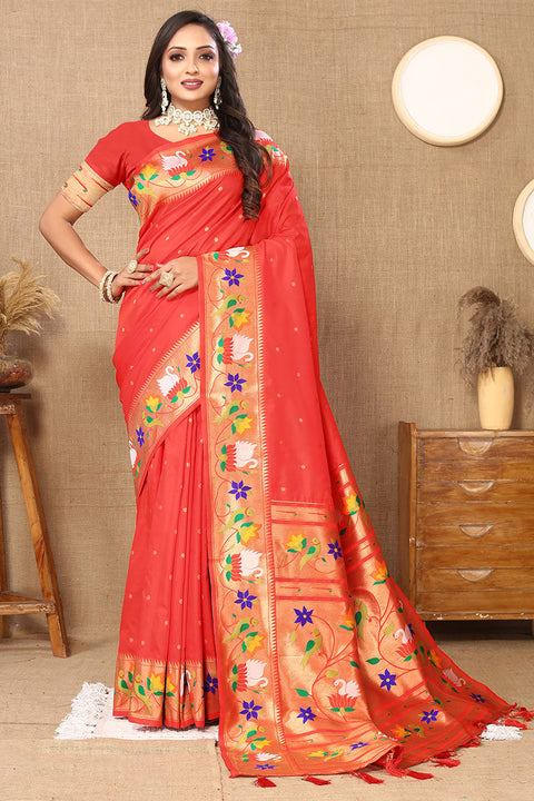 VastraLakshmi Beguiling Red Paithani Silk Saree With Embellished Blouse Piece