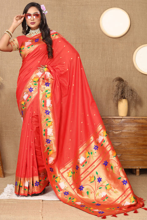 VastraLakshmi Beguiling Red Paithani Silk Saree With Embellished Blouse Piece