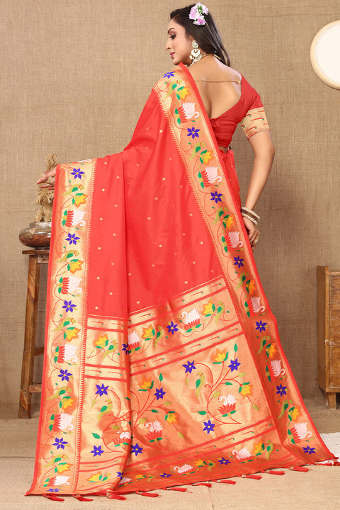 VastraLakshmi Beguiling Red Paithani Silk Saree With Embellished Blouse Piece