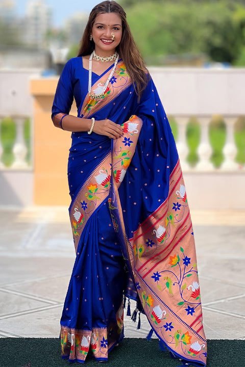 VastraLakshmi Aplomb Royal Blue Paithani Silk Saree With Scintillating Blouse Piece