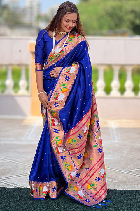 VastraLakshmi Aplomb Royal Blue Paithani Silk Saree With Scintillating Blouse Piece