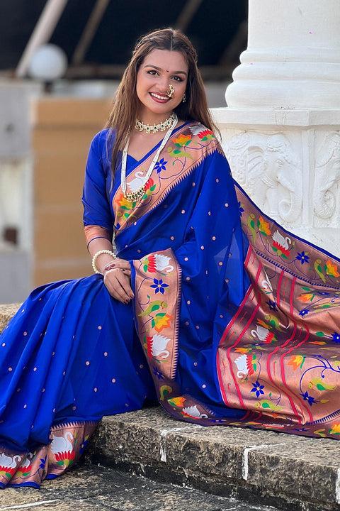 VastraLakshmi Aplomb Royal Blue Paithani Silk Saree With Scintillating Blouse Piece