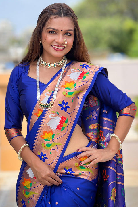 VastraLakshmi Aplomb Royal Blue Paithani Silk Saree With Scintillating Blouse Piece