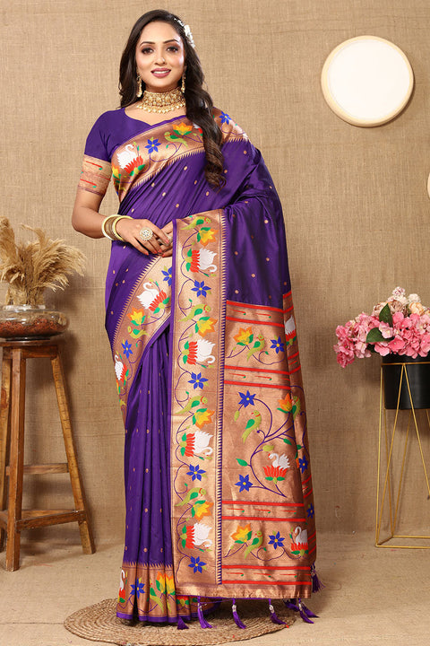 VastraLakshmi Proficient Royal Purple Paithani Silk Saree With Enchanting Blouse Piece