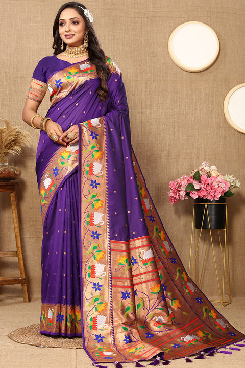 VastraLakshmi Proficient Royal Purple Paithani Silk Saree With Enchanting Blouse Piece