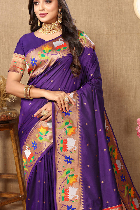 VastraLakshmi Proficient Royal Purple Paithani Silk Saree With Enchanting Blouse Piece