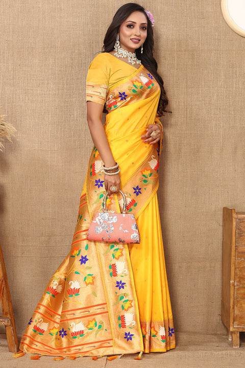 VastraLakshmi Denouement Yellow Paithani Silk Saree With Quintessential Blouse Piece