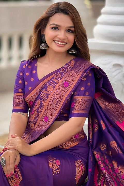 VastraLakshmi Hypnotic Purple Paithani Silk Saree With Intricate Blouse Piece